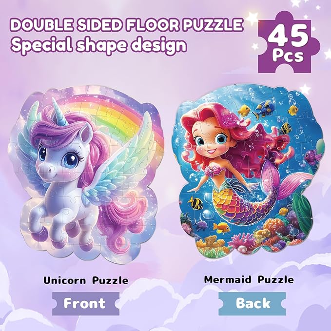 45pcs Unicorn & Mermaid Double-Sided Floor Puzzles, Ages 3-8, 27.6x32 In, Waterproof, EVA Material, Jumbo Jigsaw Puzzle, 1 Set of 45 Pieces