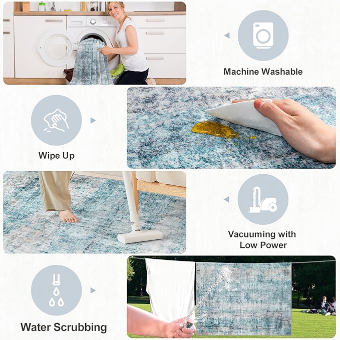 Area Rugs Living Room Rug - 4x6 Washable Modern Abstract Soft Neutral Non-Slip Carpet Large Indoor Floor Thin Carpets for Bedroom Dining Room Farmhouse Nursery Home Office Green