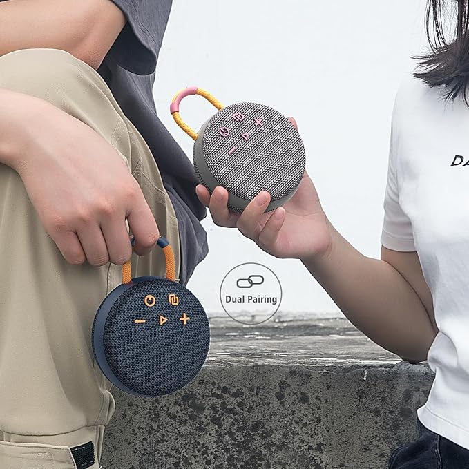 MusiBaby Wireless Mini Speaker – IPX7 Showerproof Audio with BT 5.3 & Clip, Durable Shell for Dorm Use, Gift Bags, Backpack Travel & Poolside Fun (Gray)