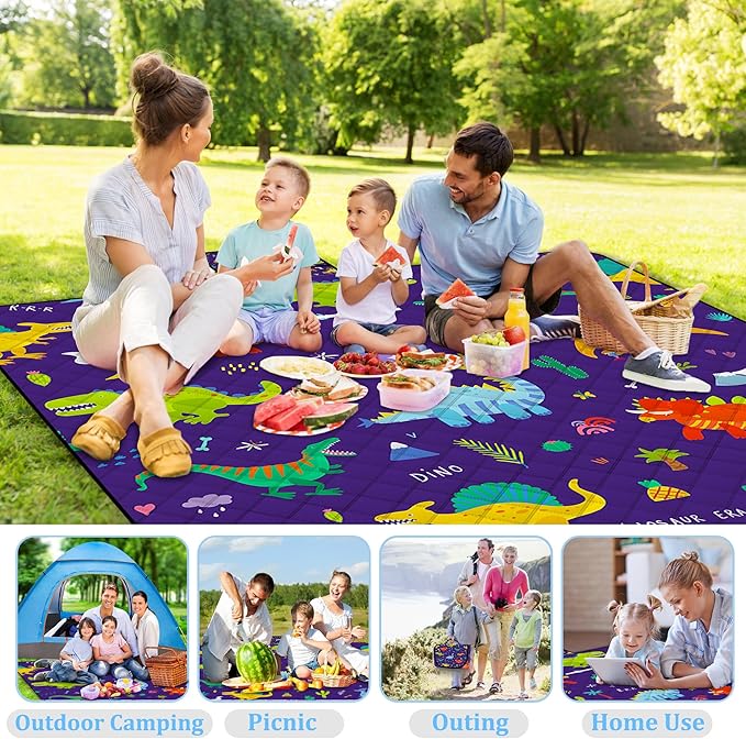 Extra Large Picnic Blanket Waterproof,80"x 80"Foldable Machine Washable Beach Blankets,Outdoor Blanket for 6-8 Adults,Picnic Mat Suitable for Indoor Crawling,Park Beach,Camping,Hiking,Travel（Dinosaur)