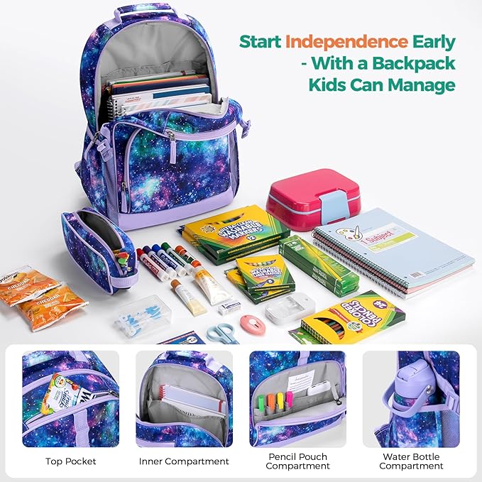 Choco Mocha Mermaid Backpack for Girls, Elementary School Backpack for Girls Ages 6-8 Kids Kindergarten Backpack Large Bookbag 18 Inch with Chest Strap, Blue Purple