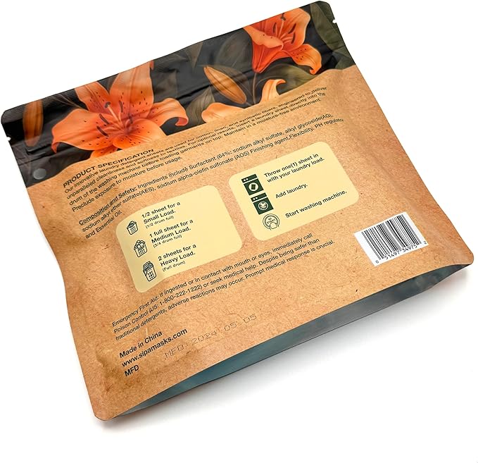 SIPA Laundry Detergent Sheets Bag - 30 Sheets, Up to 60 Loads, Lily of the Valley Scent, Phosphorus-Free, High Efficiency,Eco-Friendly (30 Count (Pack of 1))