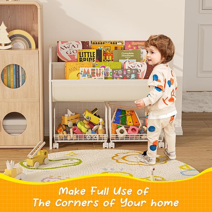 Kids Bookshelf and Toy Storage with 2 Rolling Baskets – Toddler Bookshelf, Montessori Children's Booksheves for Nursery, Small Book Shelf for Kids Rooms, Playroom Organization and Storage