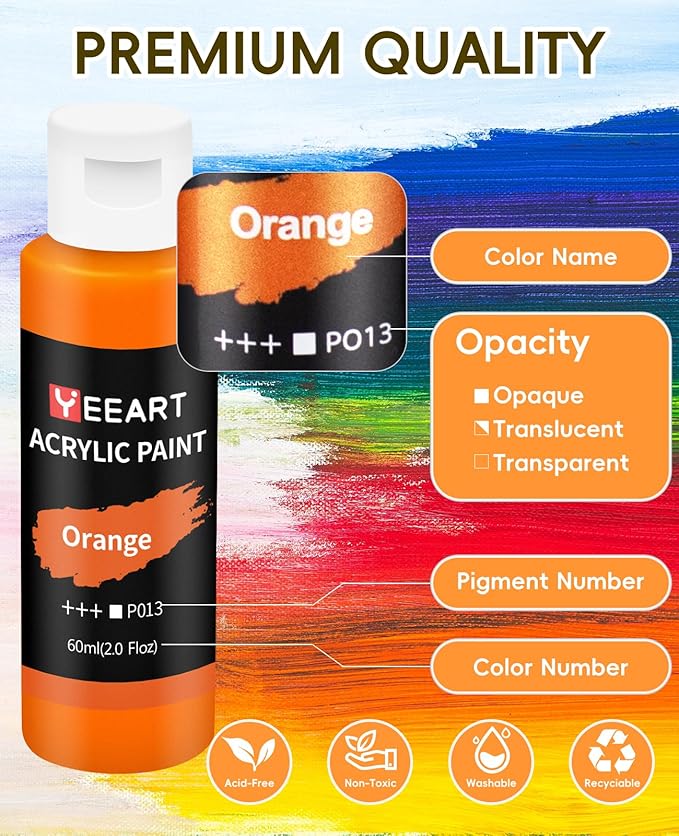 24 Colors Acrylic Paint Set, 2oz Bottles Classic Color, Rich Pigmented Canvas Paint Set, Premium Non-toxic Acrylic Paint for Artists, Kids & Adults, Art Supplies for Canvas Painting Rocks Wood Ceramic Model with 10 Brushes & Palette