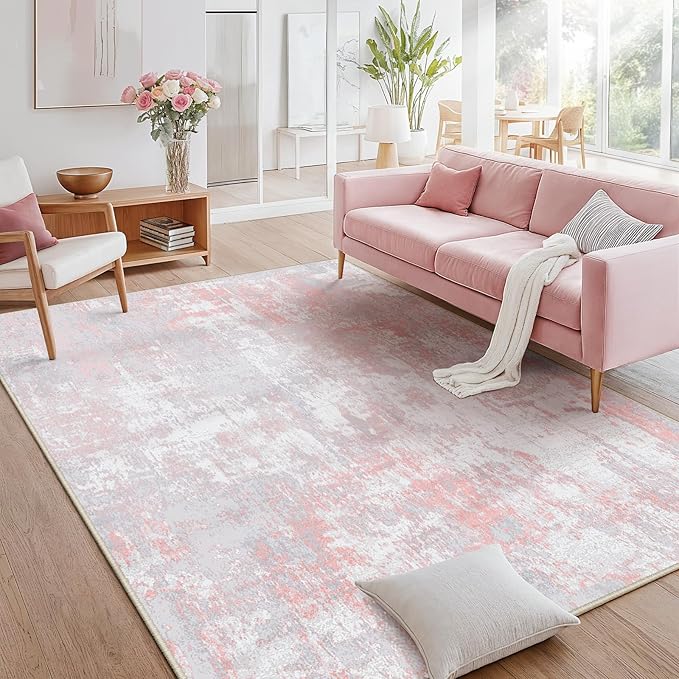 Washable Area Rugs 9'x12' Non-Slip Modern Abstract Soft for Living Room Entryway Bedroom Nursery, Print Pattern, Grey Pink