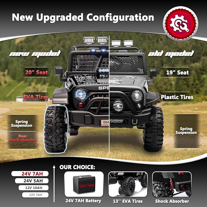 Sopbost 24V 7Ah 2 Seater Ride On Truck Ride On Toy for Big Kids Ride On Car with Remote Control Off-Road Electric Car with Shock Absorber, LED Lights, Bluetooth Music Player, EVA Tires, Black