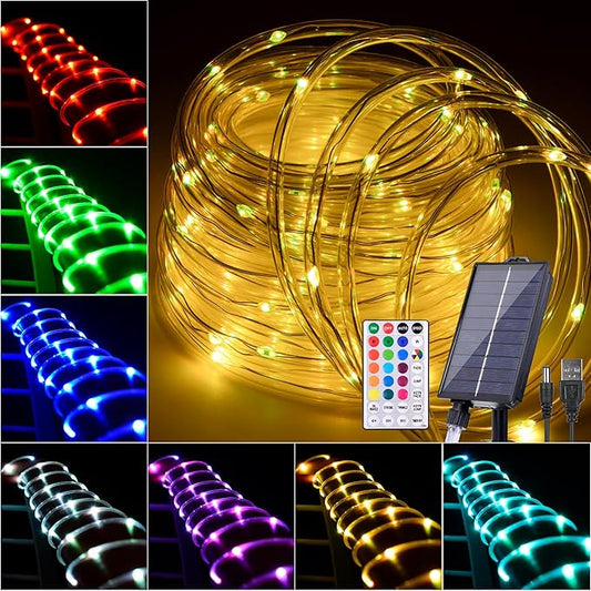 49FT Solar Rope Lights Outdoor Waterproof, 18 Colors Changing 150 LEDs Fairy String Lights USB & Solar Powered with Remote, Multicolor Tube Light for Outside Trampoline Yard Christmas Decor