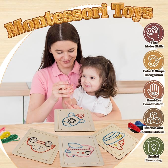 Montessori Wooden Lacing Toys for Toddlers and Kids Ages 2-4 5-7, Sewing Kit Fine Motor Skill Busy Board, Education Sensory Preschool Toy for 1 2 3 4 Year Olds, Birthday Gift for Boys and Girls