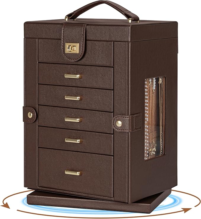 AKOZLIN 360° Rotating Jewelry Box 6-Tier Organizer Functional 360° Rotating Jewelry Storage Case for Women Girls Ring Necklace Earring Bracelet Holder with Mirror Brown