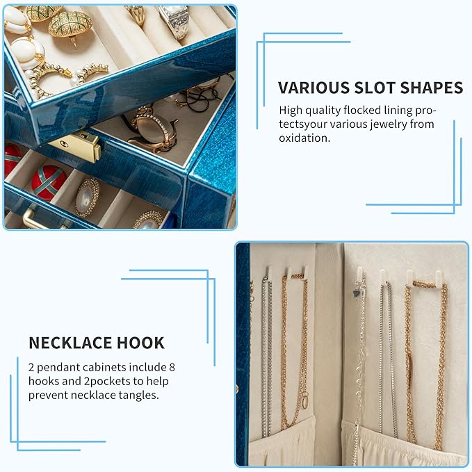 AKOZLIN 6-Tier Jewelry Box Lockable Leather Jewelry Storage Case with 5 Drawers for Women Girls Ring Necklace Earring Bracelet Holder Organizer with Mirror Blue