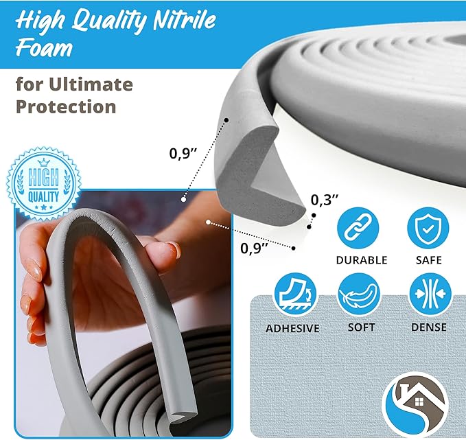 Premium 12ft Edge Protector for Baby, Odorless & Waterproof Edge Protector with 3M Adhesive Tape, Non-Toxic to Baby Proof Corners and Edges, Wall Corner Protector & Desk Edge Cushion Gray