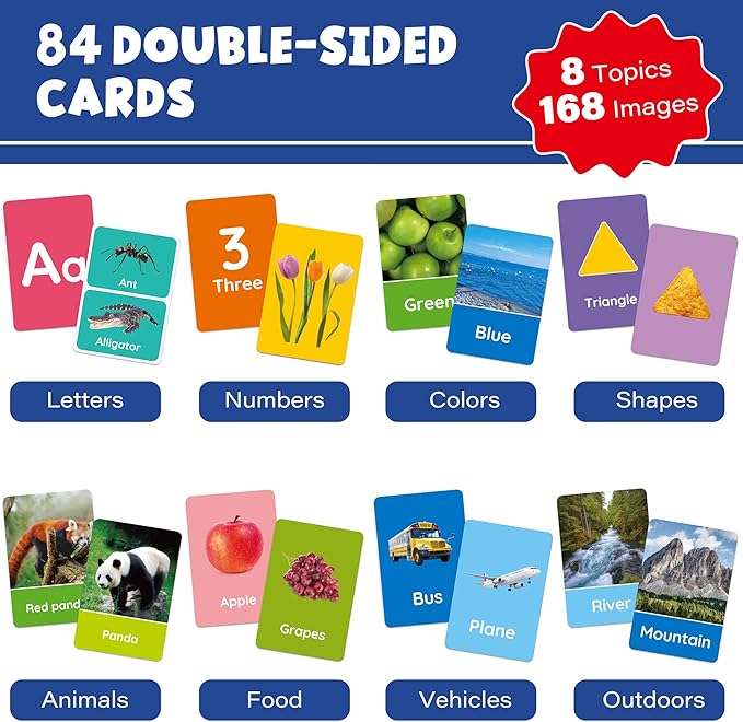 BenBen Flash Cards for Toddlers 1-3, Rip Proof & Waterproof, 84 Double-Sided Educational Flashcards, Alphabet, Number, Animal, Shape, Color, Objects Learning Cards for Kids Age 1 2 3 4