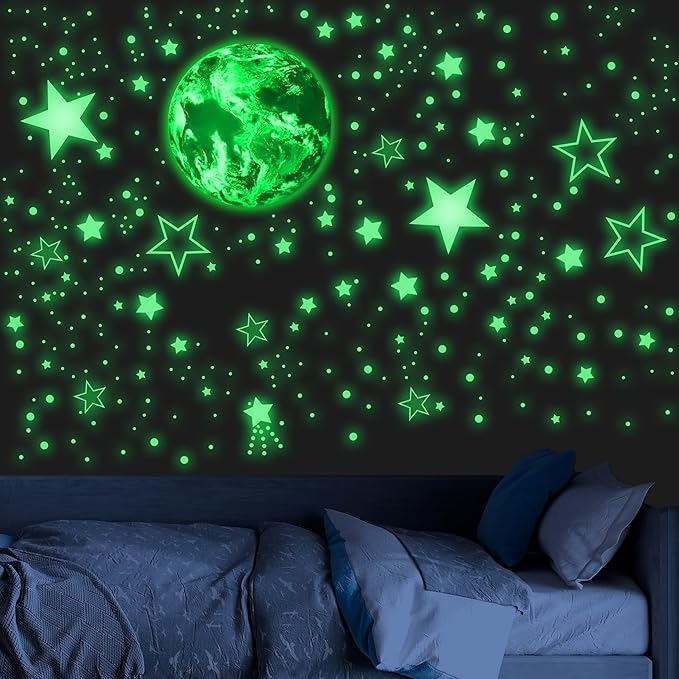 965 PCS Glow in The Dark Stars and Earth for Ceiling, Luminous Stars and Planet Wall Decals, Kids Room Decor, Glowing Galaxy Wall Stickers for Nursery Decorations (Green)