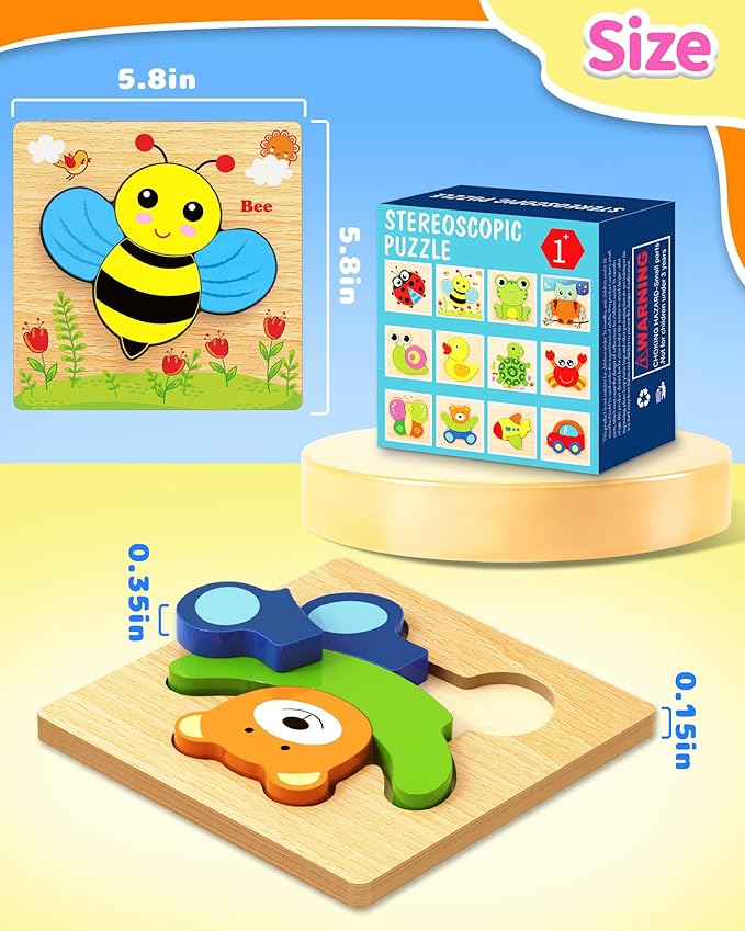 Bekayshad Wooden Puzzles Toddler Toys Gifts for 1 2 3 Year Old Boys Girls, 8 Pack Animal Jigsaw Puzzles Montessori Toys, Learning Educational Christmas Birthday Gifts for Girls Boys Ages 1-3