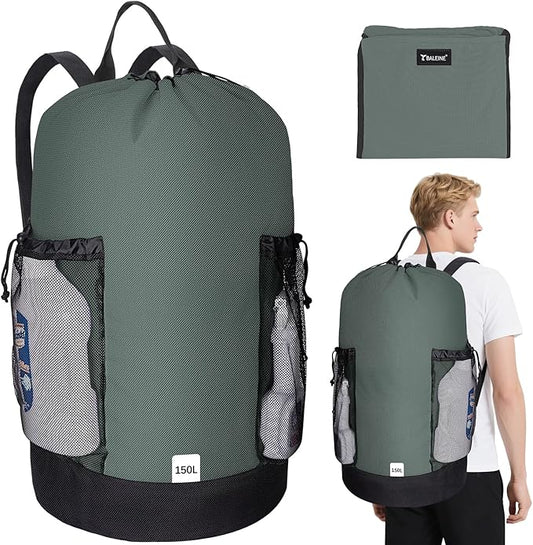 BALEINE 150L Laundry Bag Backpack, 900D Oxford Fabric Large Travel Laundry Bags with Shoulder Straps and 2 Mesh Pockets for College Dorm, Apartment, Laundromat (Dark Grey, 150L)