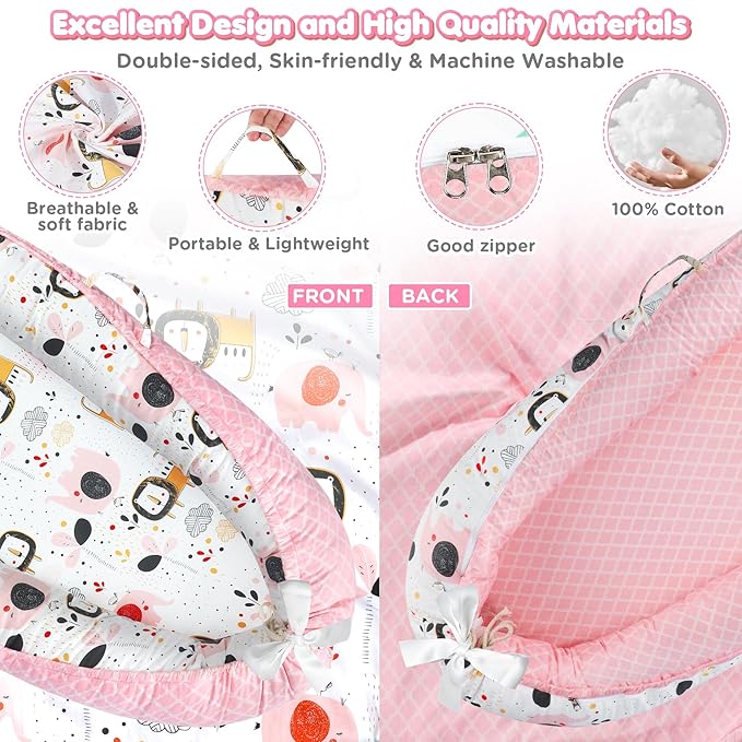 KISS GOLD Baby Lounger - Breathable Soft Cotton Cover Lounger Nest, Babies Essentials Gifts, Portable Infant Lounger for Baby Tummy Time Floor Playing Seated Support for Home and Travel