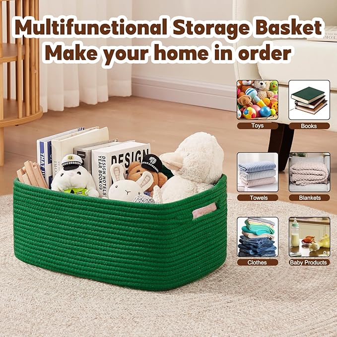 OIAHOMY Storage Basket for Shelves, Closet Cube Storage Bins Baskets for Clothes Blanket Towels, Baby Nursery, Toy Baskets Box, Woven Rope Basket, 15.75*11.81*7.09 IN, 2 Packs Green