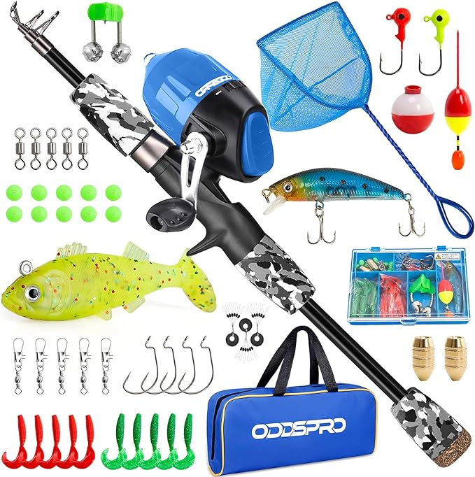 ODDSPRO Kids Fishing Pole Pink, Portable Telescopic Fishing Rod and Reel Combo Kit - with Spincast Fishing Reel Tackle Box for Girls, Youth