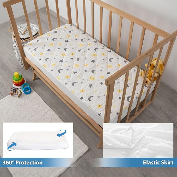Waterproof Crib Mattress Protector Sheets,%100 Cotton Fabric, Absorbent Crib/Toddler Mattress Protector, Quilted, Certified, Noiseless Machine Wash, Moon&Star Pattern 52"x28" (Small Single, 1, Pack)