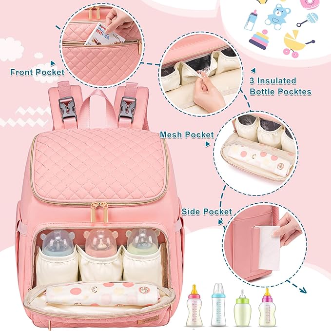 Weitars Diaper Bag Backpack Large Baby Diaper Bag with Changing Pad Travel Diaper Backpack,Baby Bag for Boys Girls,Stroller Straps,5 Insulated Pockets (Pink)