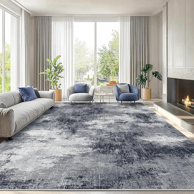 Amada 9x12 Large Area Rug, Modern Abstract Living Room Rug with Non-Slip Backing & Short Pile, Washable Rug with Abstract Pattern for Living Room, Bedroom and Dinning Room, Grey