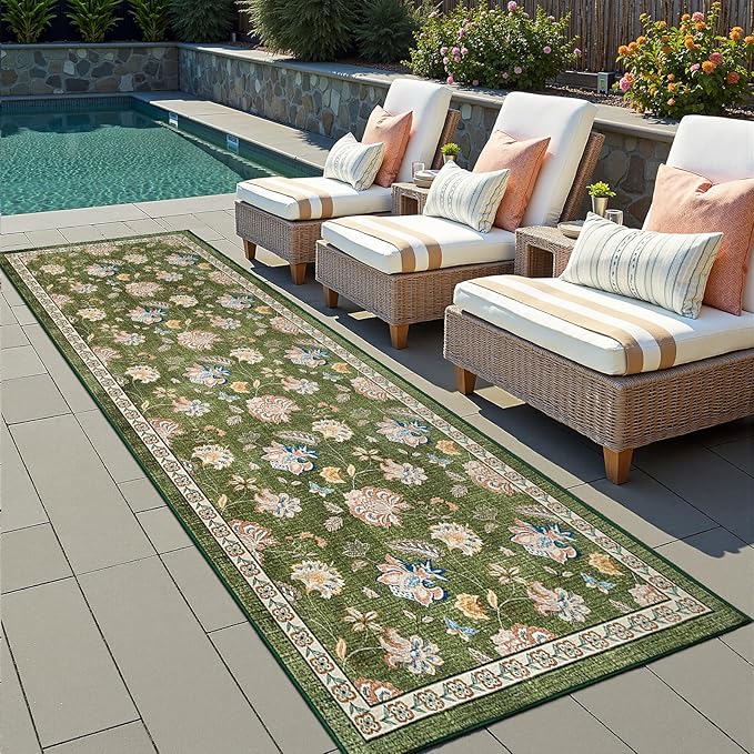 jinchan 3x10 Floral Runner Rug for Hallway Washable Kitchen Runner Vintage Romance Design Non Slip Thin Indoor Floor Cover Low-Profile Throw Carpet for Entryway Bathroom Bedroom Porch, Green