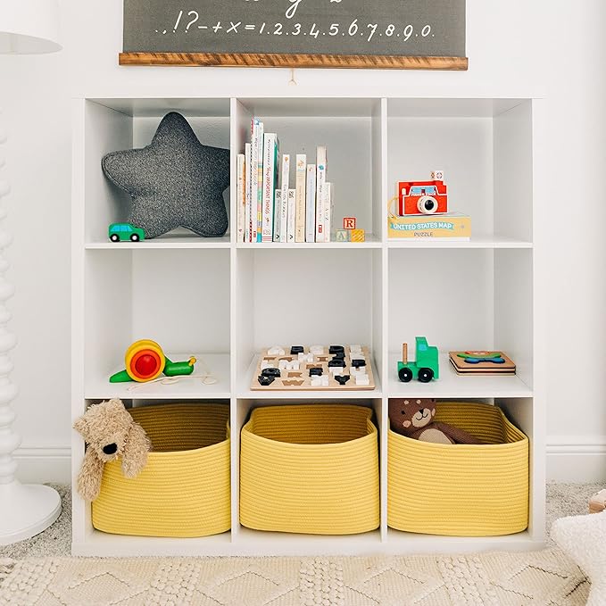 OrganiHaus Yellow Basket for Shelves, Decorative Cloth for Organizing, Cotton Rope Storage Basket for Toys, Small Woven Baskets for Storage