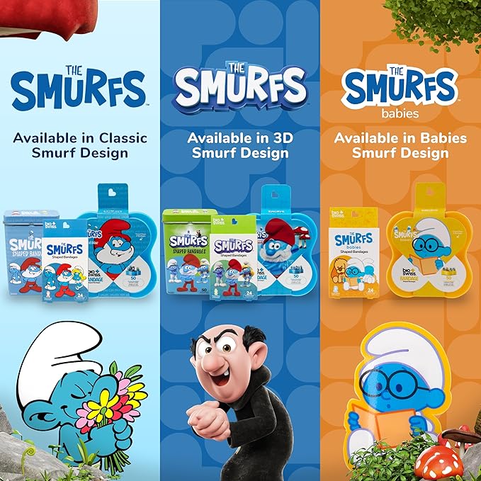 BioSwiss Bandages, The Smurfs Baby Smurf Shaped Self Adhesive Bandage, Latex Free Sterile Wound Care, Fun First Aid Kit Supplies for Kids and Adults, 24 Count Box