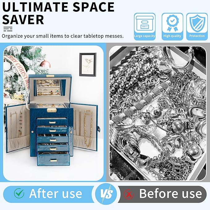 AKOZLIN 6-Tier Jewelry Box Lockable Leather Jewelry Storage Case with 5 Drawers for Women Girls Ring Necklace Earring Bracelet Holder Organizer with Mirror Blue