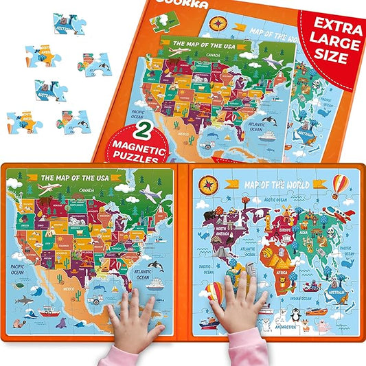 QUOKKA Magnetic Puzzles for Toddlers 4-6 - 2x48 Travel Puzzles Games for Kids Ages 3-5 - USA & World Maps Car Activities Toy for Boys and Girls - United States Learning Magnet for Road Trip