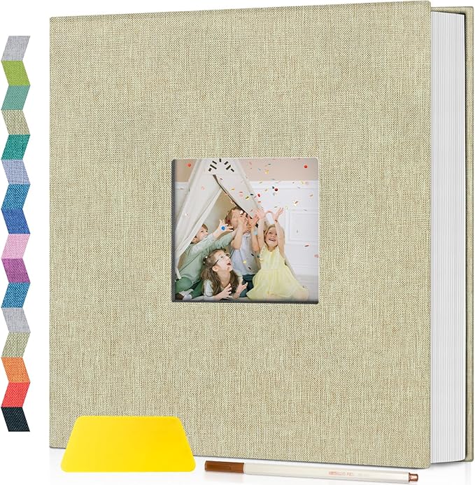 popotop Photo Album Self Adhesive with Picture Display Window,40 Pages DIY Scrapbooking Supplies Kit for 4x6 10x12 Picture,Linen Cover Memory Book for Baby Wedding, with Scraper and Metallic Pen