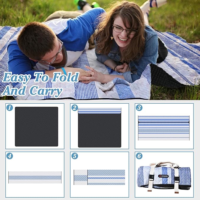 Waterproof Picnic Mat, Outdoor Camping Oversized Field Blanket. Portable Thickened Camping Blanket, Suitable for Beach, Camping, Music Festival, Party, Outdoor Adventure. (Blue & White, 80”x60”)