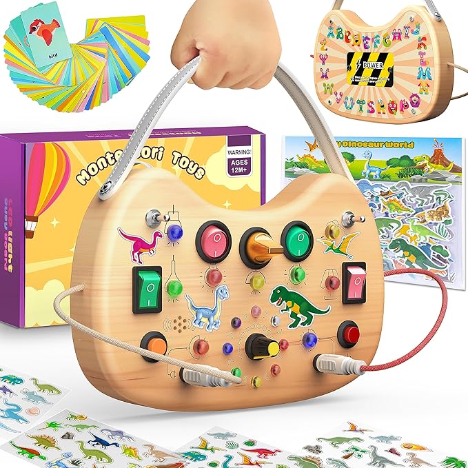 Montessori Busy Board for Baby, Busy Board for Toddlers Toys, Wooden Autism Sensory Toys with Animal Cards, Dinosaur Stickers, Toddler Educational Activity Travel Toys for Boys and Girls 1+