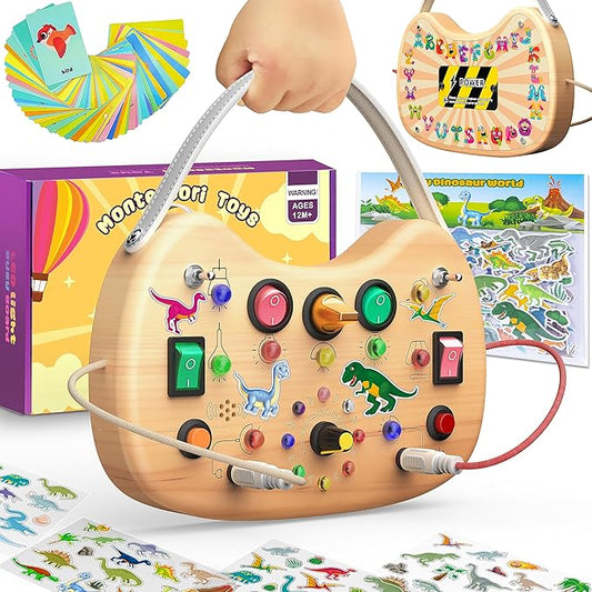 Montessori Busy Board for Baby, Busy Board for Toddlers Toys, Wooden Autism Sensory Toys with Animal Cards, Dinosaur Stickers, Toddler Educational Activity Travel Toys for Boys and Girls 1+