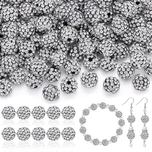 160pcs 10mm Rhinestone Beads for Jewelry Making, Black White Shiny Round Disco Ball Beads Bulk, Sparkle Crystal Clay Christmas for Bracelet Baseball Necklace Earring Crafting and DIY
