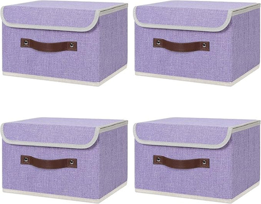 ANMINY 4PCS Storage Bins with Lid PU Leather Handles Storage Boxes PP Plastic Board Decorative Foldable Lidded Cotton Linen Fabric Home Cubes Baskets Closet Organizer Containers - Purple, Small Size