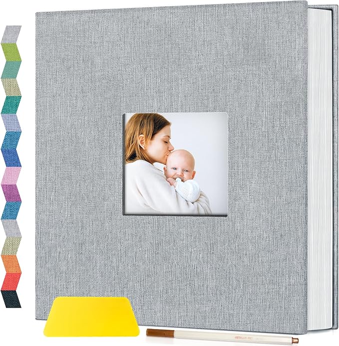 popotop Photo Album Self Adhesive with Picture Display Window,60 Pages DIY Scrapbooking Supplies Kit for 4x6 10x12 Picture,Linen Cover Memory Book for Baby Wedding, with Scraper and Metallic Pen
