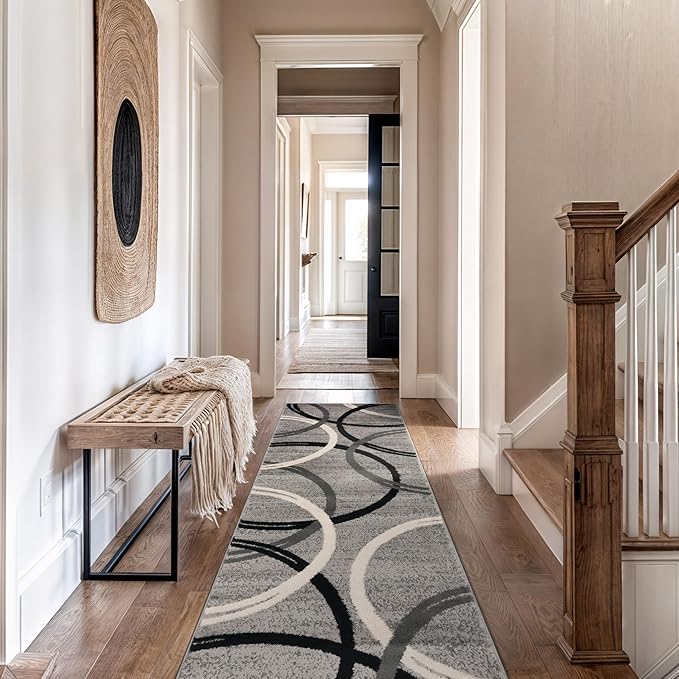 Rugshop Modern Wavy Circles Design Runner Rug 2'7" x 12' Gray