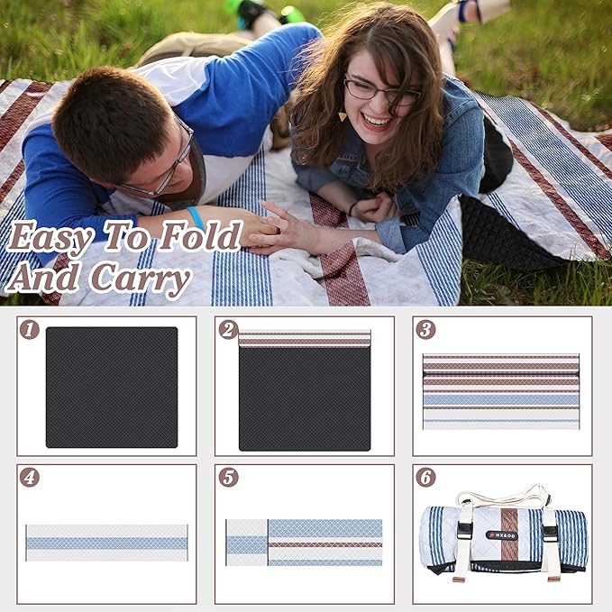 Waterproof Picnic Mat, Outdoor Camping Oversized Field Blanket. Portable Thickened Camping Blanket, Suitable for Beach, Camping, Music Festival, Party, Outdoor Adventure. (Brown&Blue&White, 80”x80”)
