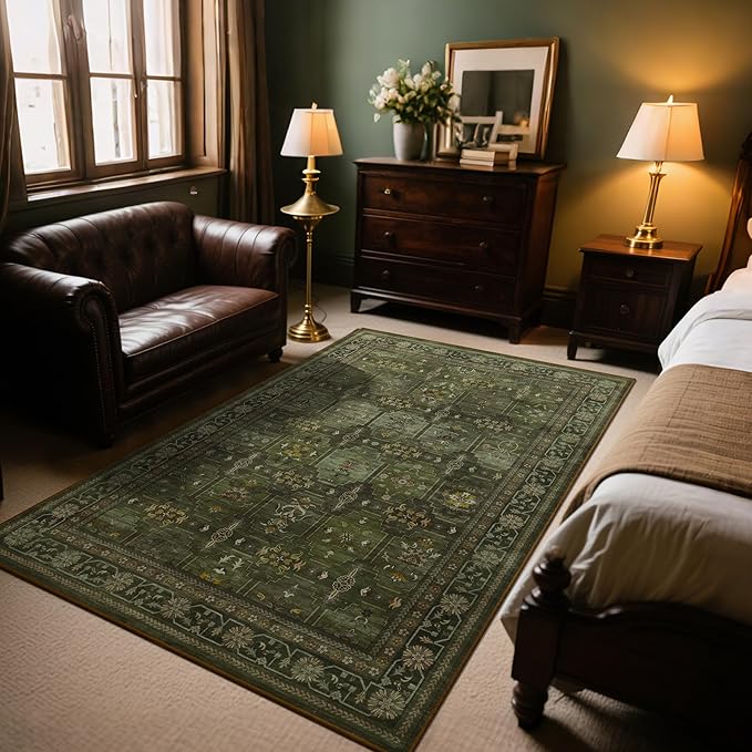 5x7 Washable Area Rug for Living Room Dining Room, Distressed Non Slip Vintage Floral Rugs for Bedroom, Traditional Indoor Floor Carpet for Dining Kitchen Farmhouse Dark Green