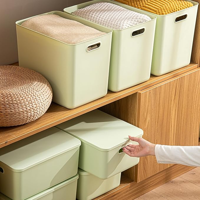 4 pack large plastic White storage bins Baskets, Toy Box Chest with Lids and Handle，Organizer Containers for Baby，Kids,snacks,Nursery，Shelves，Playroom, Bedroom，Office,Closet，home
