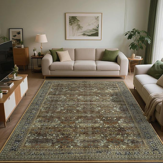 5x7 Machine Washable Area Rug for Living Room Dining Room, Vintage Floral Kitchen Rugs Non Slip, Traditional Indoor Floor Carpet for Bedroom, Farmhouse, Office Classroom Brown/Yellow