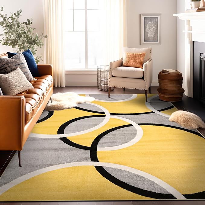 Rugshop Contemporary Abstract Circles Easy Maintenance for Home Office,Living Room,Bedroom,Kitchen Soft Area Rug 10' x 14' Yellow