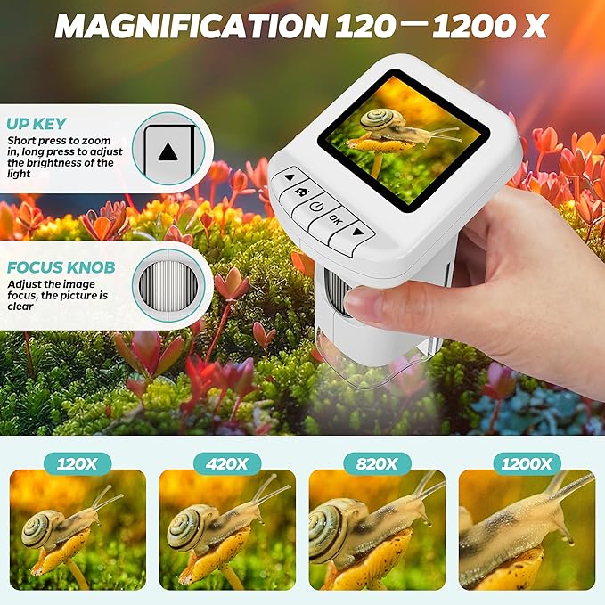 Rechargeable Digital Microscope for Kids 1200X - 2'' LCD Screen STEM Toy with 32G SD Card for Photo/Video, Portable Pocket Microscope for Boys Girls Ages 6,7,8-12, Science Kit Gift Birthday Christmas