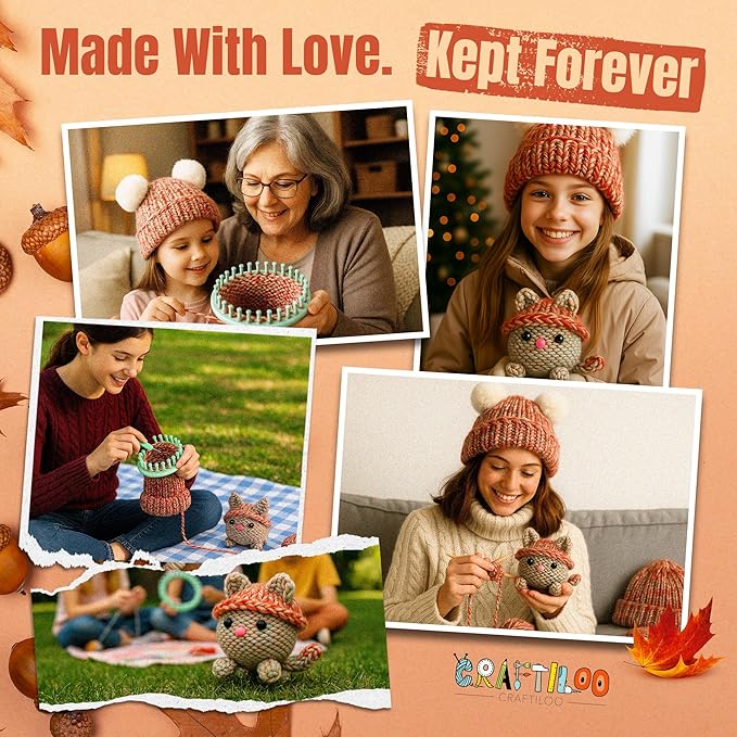 CRAFTILOO Knitting Kit for Kids – Beginner Knitting Kit to Make a Hat & Cat – Quick Knit Loom Kit with Yarn, Tools & Instructions – Knitting for Beginners Kit for Girls & Boys Ages 8+