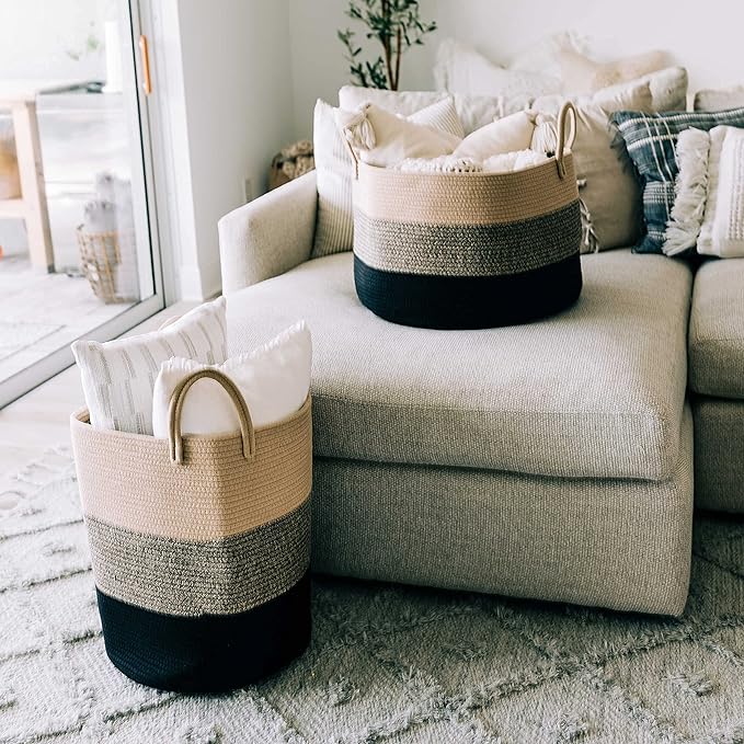 OrganiHaus Brown Woven Baskets for Storage 15x18, Boho Blanket Basket for Living Room, Toy Basket Storage for Kids, Baby Laundry Hamper, Large Storage Basket for Clothes, Basket for Blankets