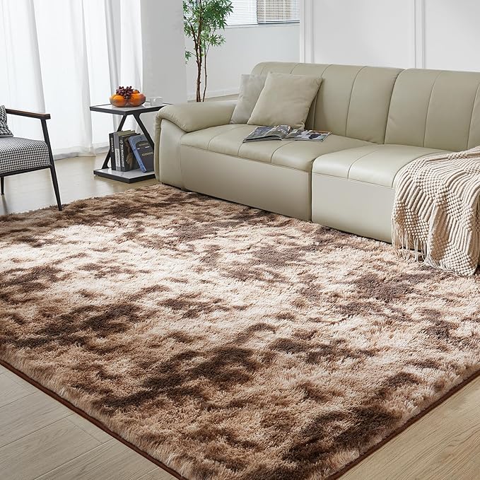 Ultra Soft Rug for Living Room, 3X5 Fluffy Shag Area Rug for Bedroom, Modern Shaggy Carpets Fuzzy Rug for Teens Dorm Nursery Home Decor Aesthetic, Upgrade Anti-Skid Durable, Tie-Dyed Coffee