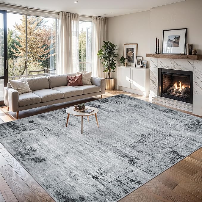 Area Rugs 10x14 Living Room - Washable Rug Modern Abstract Soft Large Neutral Non-Slip Carpet Indoor Floor Thin Carpets for Bedroom Dining Room Farmhouse Nursery Home Office Black