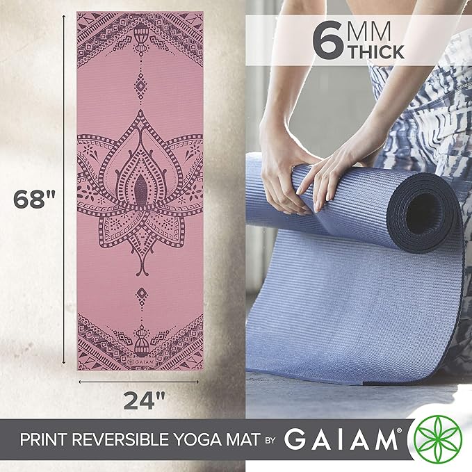 Gaiam Yoga Mat - Premium 6mm Print Reversible Extra Thick Non Slip Exercise & Fitness Mat for All Types of Yoga, Pilates & Floor Workouts (68" x 24" x 6mm Thick)
