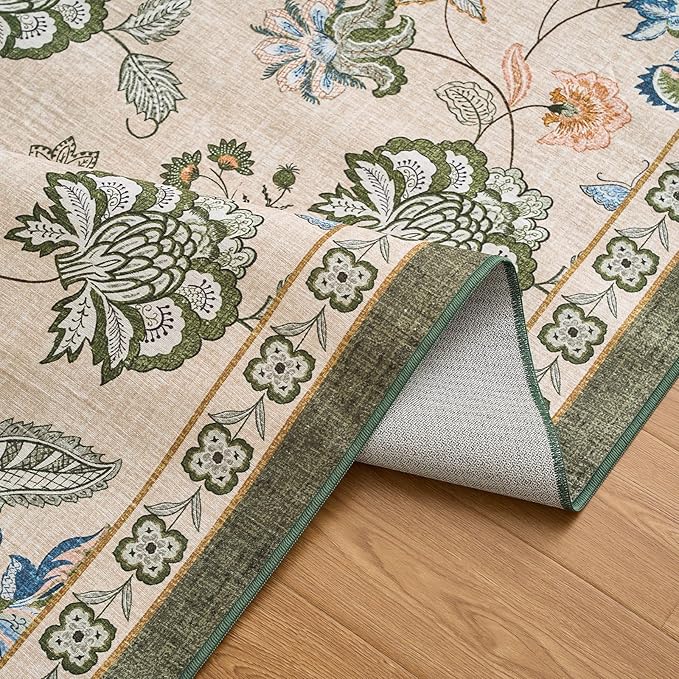 jinchan 3x8 Floral Runner Rug for Hallway Washable Kitchen Runner Vintage Romance Design Non Slip Thin Indoor Floor Cover Low-Profile Throw Carpet for Entryway Bathroom Bedroom Porch, Green/Beige